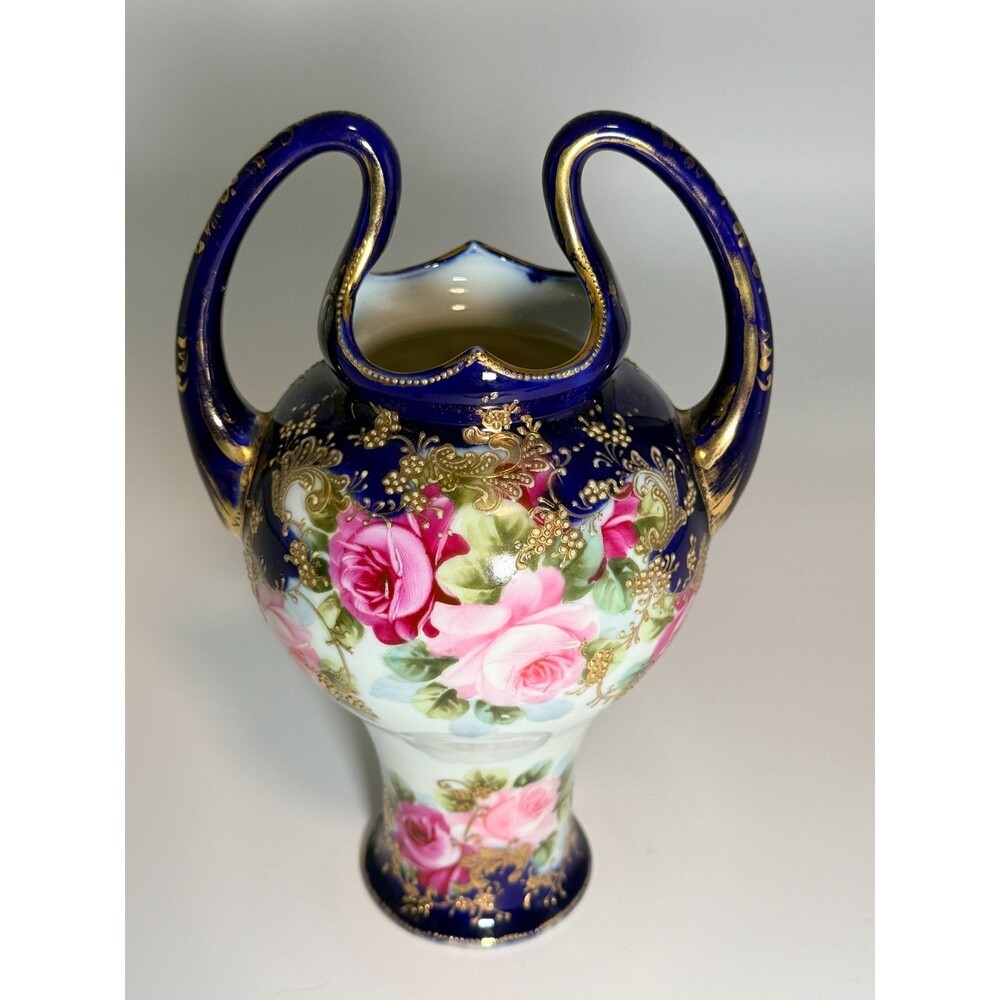 Vintage Cobalt Blue Porcelain Rose Urn Vase Double Handle Gold Moriage 9"
